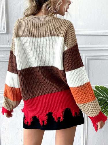 Fashion Casual Stripre V neck Long sleeve Macrame Sweaters