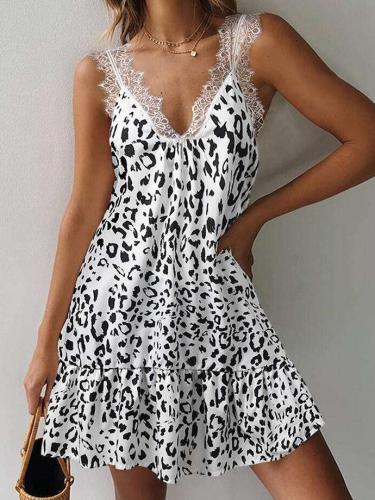 Fashion Casual Leopard print Lace V neck Sleeveless Vest Backless Shift Dresses