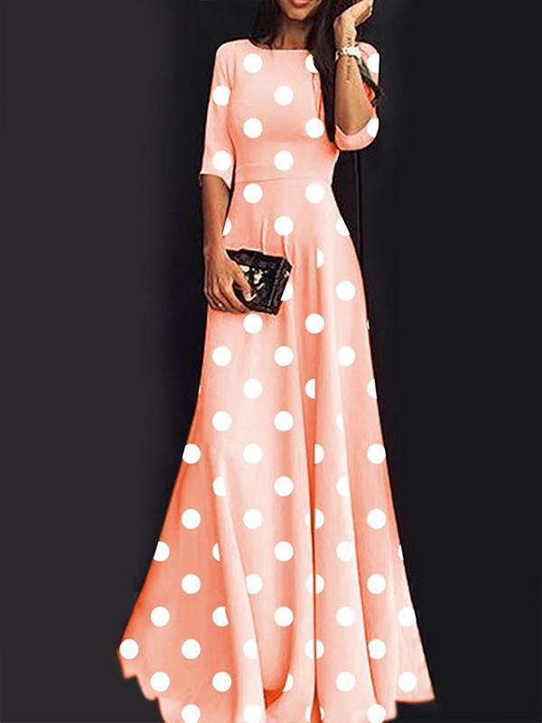 Sweet round neck wave pointed long Half sleeve Maxi Dreeses
