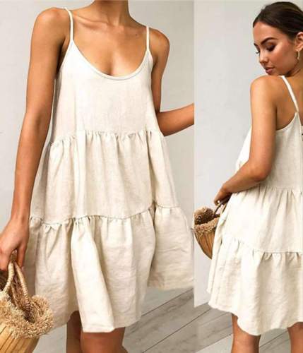 Casual Loose Pure Round neck Vest Gored Shift Dresses