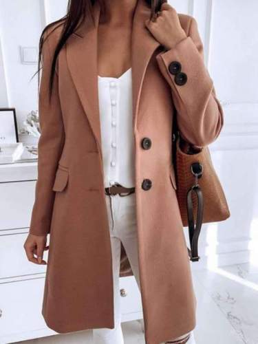 Solid color turtlElegant plain turn down neck long sleeve two buttons long coats