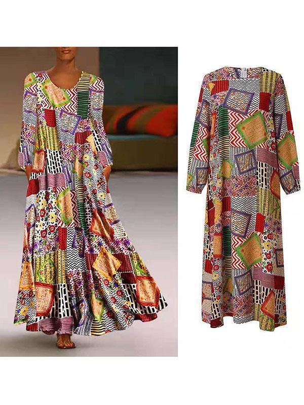 Bohemia Floral printed long sleeve round neck maxi dresses