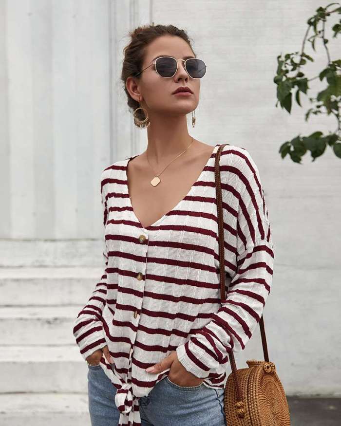 Fashion V neck Stripe Long sleeve Sweaters
