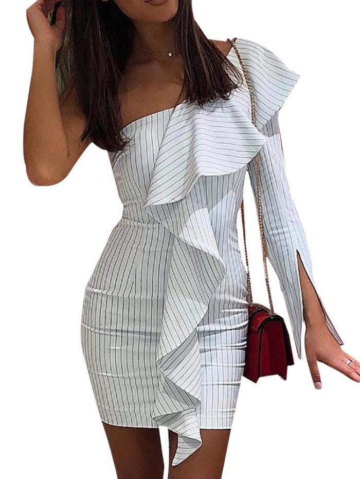 Fashion Single shoulder Stripe  Falbala Bodycon Dresses