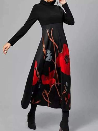 Women long black printed long sleeve maxi dresses