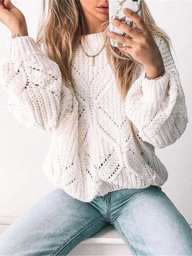 Pure Casual Loose Hollow out Round neck Long sleeve Knit Sweaters