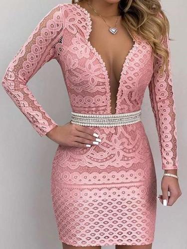 Sexy Lace Pure V neck Hollow Long sleeve Skater Dresses