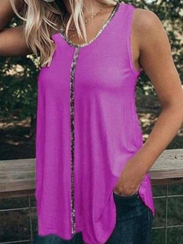 Casual Loose Paillette Round neck Sleeveless T-Shirts