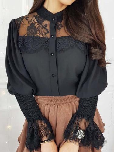 Elegant lace stitching band neck long sleeve blouses