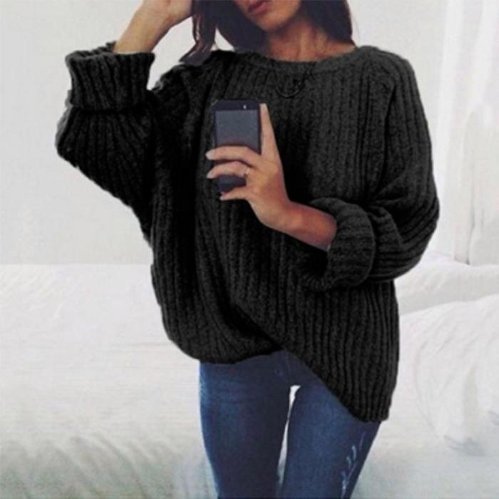 Fashion Round Neck Long Batwing Sleeve Knitting Plain Sweaters