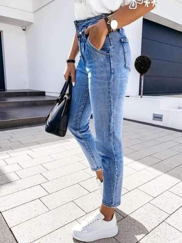 Casual style high waist washed jeans long pants for women