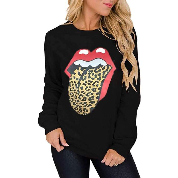 Fashion Casual Loose Lip Print Round neck Long sleeve