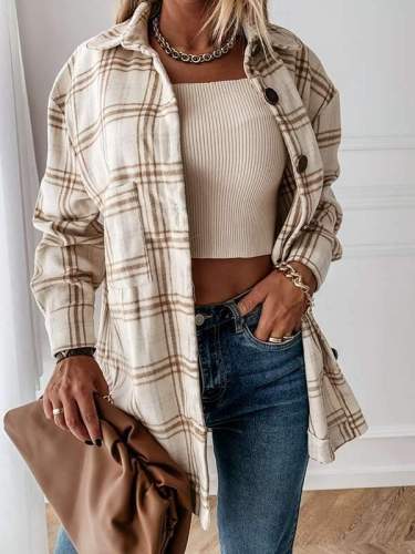 Loose plaid turn down long sleeves blouses for women