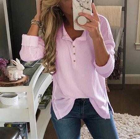 Solid Color Long-Sleeved Button Split T-Shirt