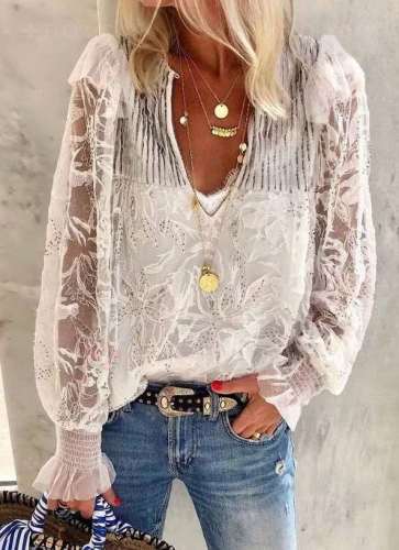Grenadine Embroidery Lacing Long sleeve Blouses