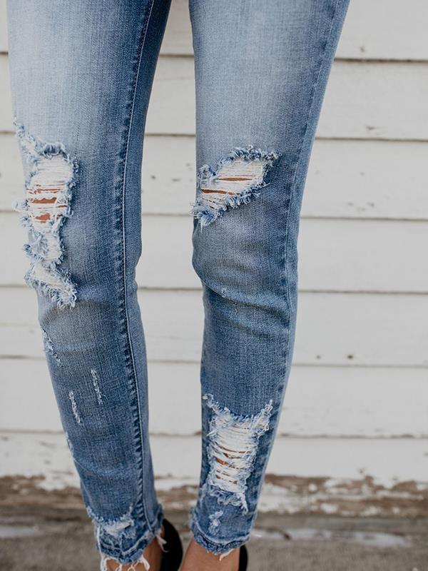Chic High-snap denim break holes jeans long pants