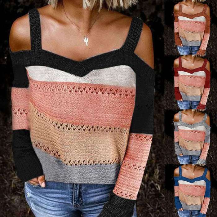 Fashion Stripe print Off shoulder Long sleeve Knit Sweaters