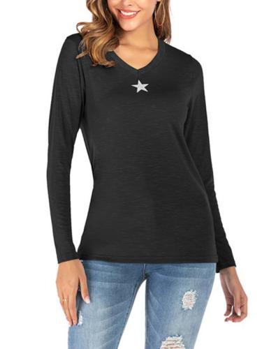 V-neck five-pointed star printed knit women long-sleeved T-shirts