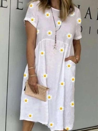 Casual Loose Print Round neck Short sleeve Gored Pocket Maxi Dresses
