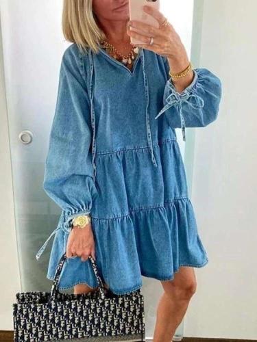 Fashion Casual Pure Gored Long sleeve V neck Jean Shift Dresses