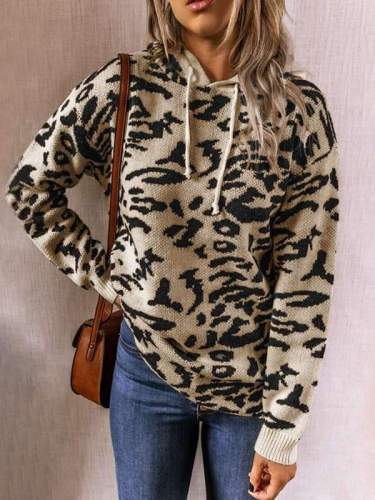 Leopard printed fashion hooded long sleeve sweaters