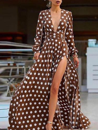 Bohemian long sleeves v-neck polka dot printed big hem maxi dresses