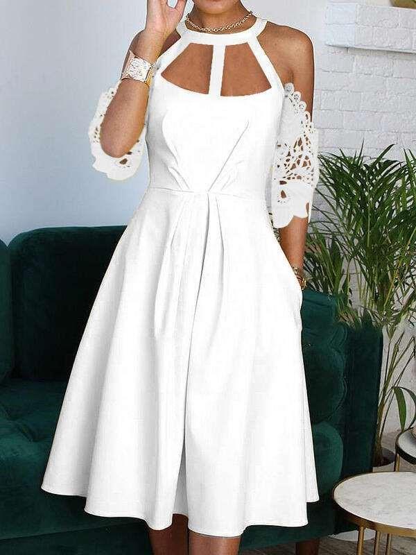 Fashion Pure Round neck Lace Hollow out Short sleeve Maxi Dresses