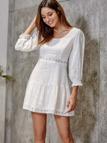 Pure Hollow out Puff sleeve Shift Dresses