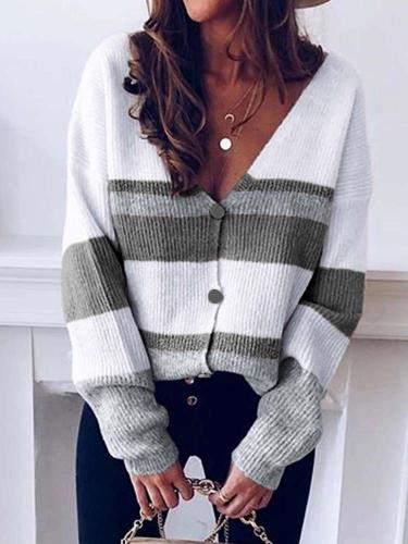 Fashion Stripe V neck Long sleeve Fastener Knit Cardigan