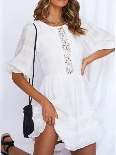 Casual Pure Lace Hollow out Round neck Backless Half sleeve Skater Dresses