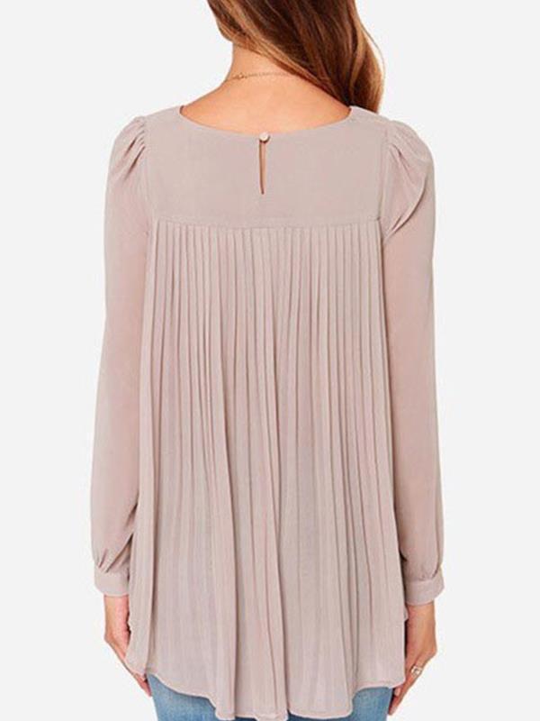 Solid color round collar loose long sleeve chiffon T-shirts