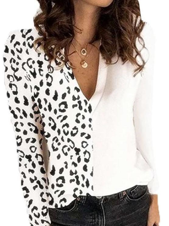 Fashion Leopard print Gored V neck Long sleeve T-Shirts