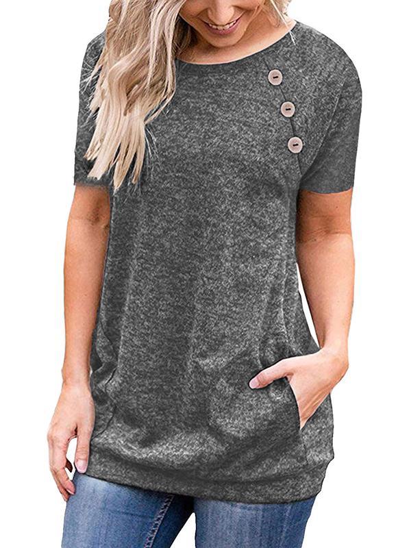 Round Neck Plain Button decorate Short Sleeve T-shirt