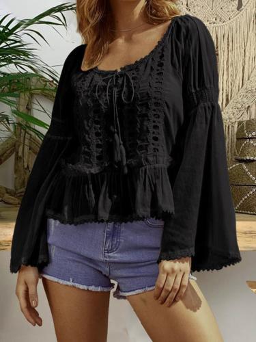 Flared sleeve rounded collar loose lace patchwork long sleeve T-shirts