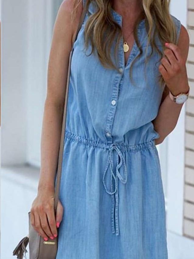 Fashion Jeans Fastener Stand collar Lacing Shift Dresses