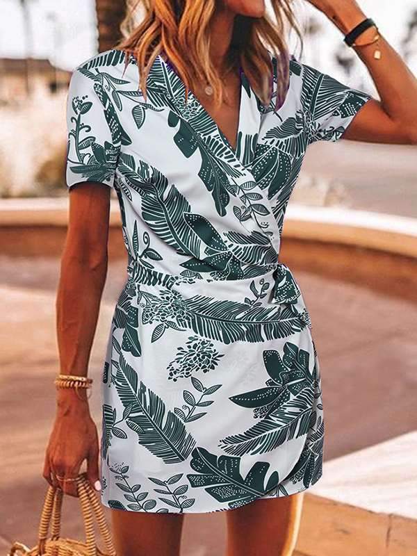 Leaf printed one-piece skirt vacation dresses