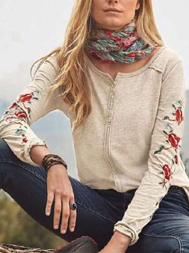 Casual Embroidery Round neck Long sleeve T-Shirts