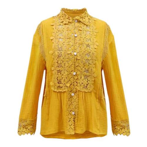 Fashion Pure Lapel Lace Hollow out Long sleeve Blouses