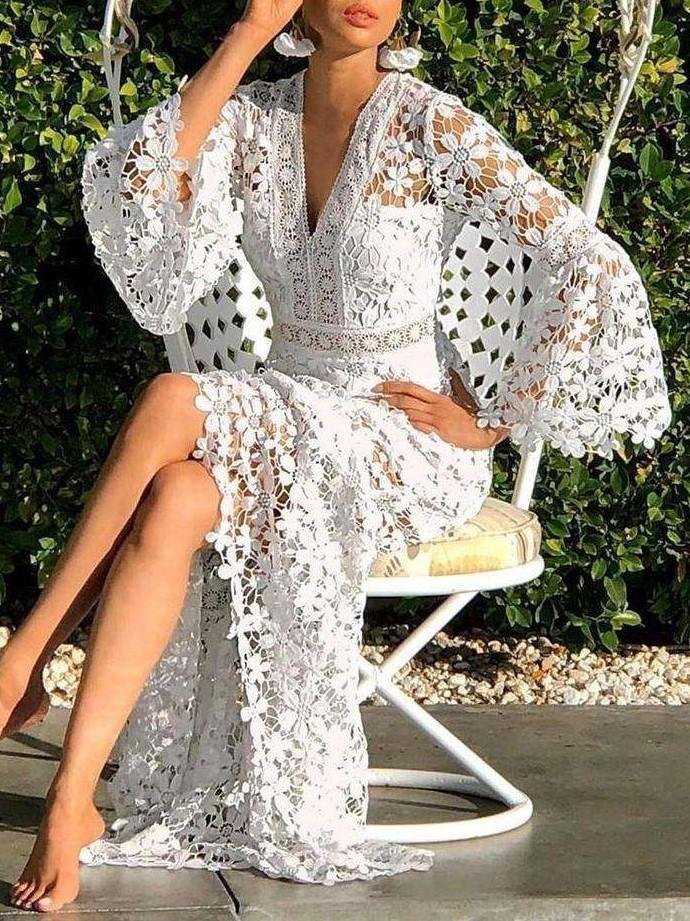 Fashion Sexy Lace Hollow out V neck Long sleeve Maxi Dresses