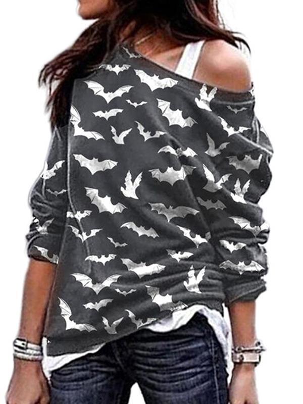 Halloween Printed one off shoulder long-sleeve T-shirts