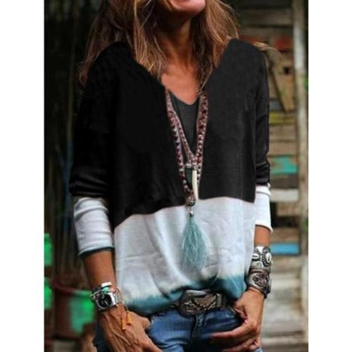V-neck Patchwork Color Tie Dyed Long Sleeve Casual T-shirt