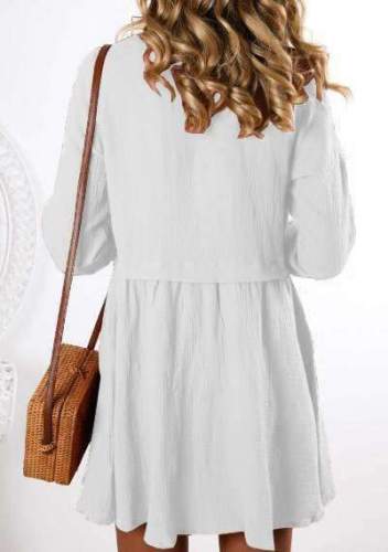 Fashion Casual Pure V neck Long sleeve Gored Fastener Skirt Shift Dresses