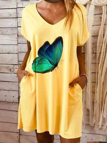 Casual Butterfly print V neck Short sleeve Shift Dresses