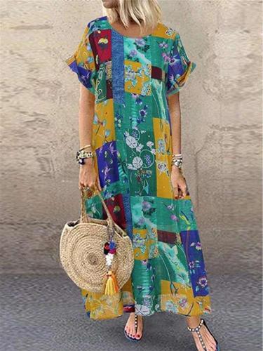 Casual Loose Print Round neck Short sleeve Maxi Dresses