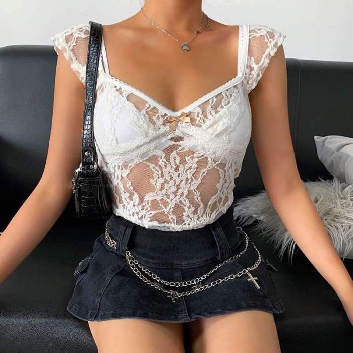 Sexy Lace Square collar Short sleeve T-Shirts