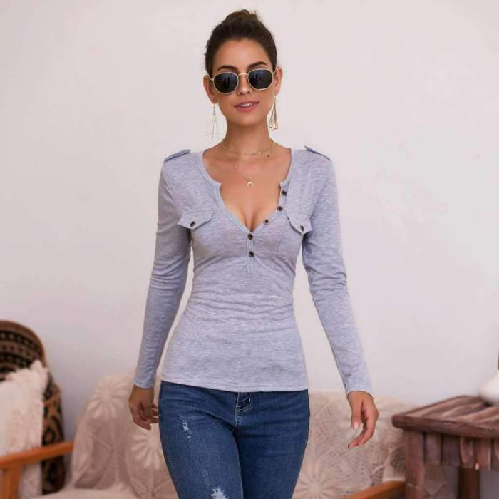 Sext Tee Pure V neck Long sleeve T-Shirts