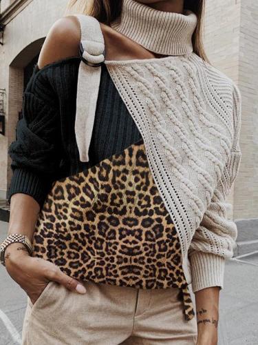 Stylish chic women high neck leopard printed long sleeve sweaters