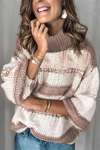 Fashion Casual Stripe High collar Long sleeve Knit Sweaters