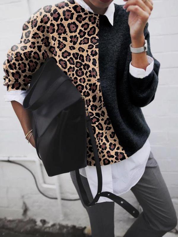 Solid color Mosaic leopard printed sweater casual long sleeve sweaters