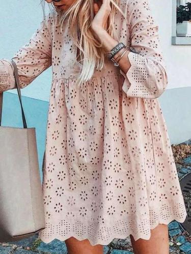 Casual Loose Hollow out V neck Long sleeve Shift Dresses